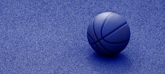 Blue basketball on blue court of gymnasium sport floor. Street basketball concept