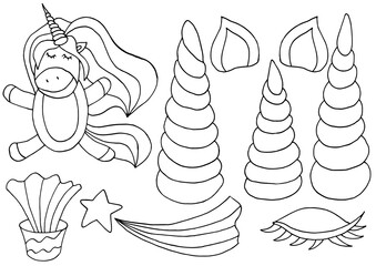 Coloring unicorn design elements in hand draw style