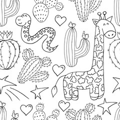 Seamless botanical illustration. Tropical pattern of different cacti, aloe