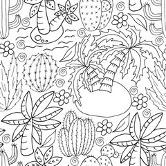 Seamless botanical illustration. Tropical pattern of different cacti, aloe