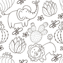 Seamless botanical illustration. Tropical pattern of different cacti, aloe