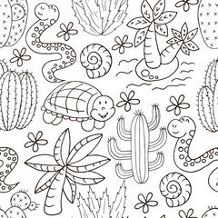 Seamless botanical illustration. Tropical pattern of different cacti, aloe