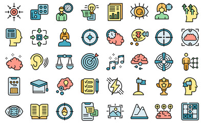 Concentration of attention icons set outline vector. Goal focus. Manage time