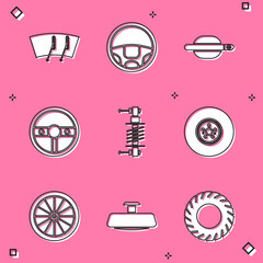 Set Windscreen wiper, Steering wheel, Car door handle, Shock absorber, brake disk, and mirror icon. Vector