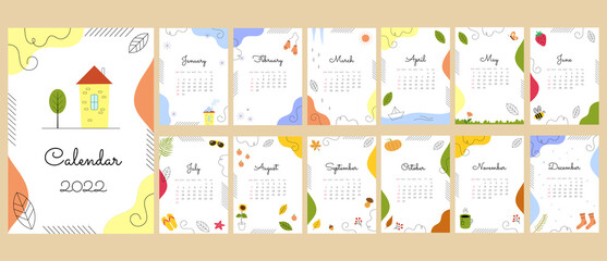 Calendar 2022 design concept with colorful seasonal elements. Set of 12 months vector illustrations. Template with cover in size A4 A3 A2 A5. In pastel colors. Simple line art and hand drawn style