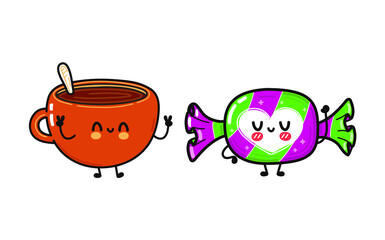 Cute, funny happy cup of coffee and candy character. Vector hand drawn cartoon kawaii characters, illustration icon. Funny cartoon cup of coffee and candy friends concept