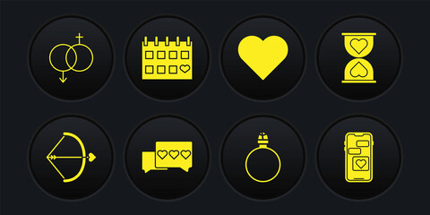 Set Bow and arrow, Heart in the center hourglass, Like heart, Diamond engagement ring, Calendar with, Mobile and Gender icon. Vector
