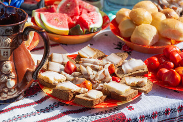 Ukrainian table with appetizers and lard.
