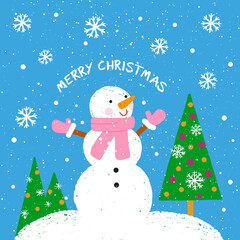 Christmas illustration with snowman, Christmas tree and snowflakes . New year picture. Vector illustration.