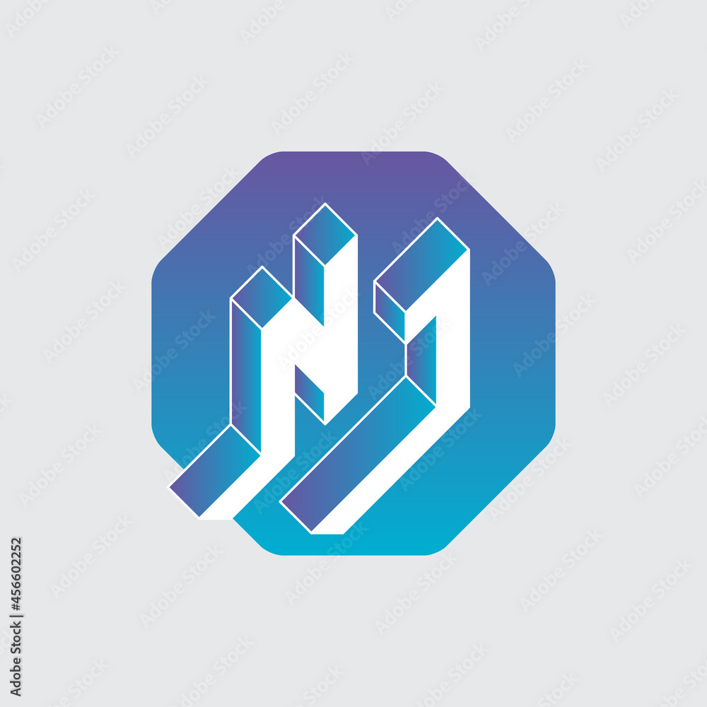 Poster Three-dimension letters N and J on a hexagonal substrate with rounded corners. Isometric 3d font for design. NJ - monogram or logotype.