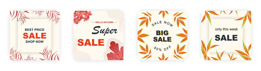 Modern autumn square sale poster templates with floral and geometric pattern. Suitable for social media posts, poster, mobile apps, banners design and web ads, vector backgrounds, promotion materials.