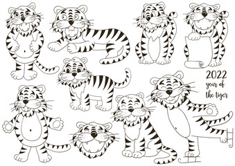 Set of tigers in hand draw style. Symbol of 2022. Collection Coloring illustrations
