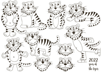 Set of tigers in hand draw style. Symbol of 2022. Collection Coloring illustrations