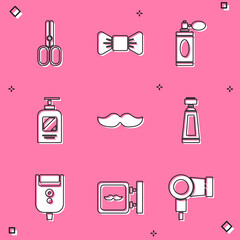 Set Scissors hairdresser, Bow tie, Aftershave bottle with atomizer, Bottle of shampoo, Mustache, Cream lotion cosmetic tube, Electric razor blade for men and Barbershop icon. Vector
