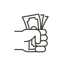 Hand grabbing stack of paper cash. Vector thin line icon
