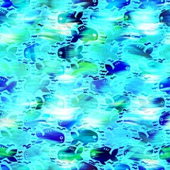 Naklejka na ściany i meble Batik fish tie dye wash background. Mottled underwater swimming fishes for beach swimwear. Fun summer trendy beach fashion print. Digital fluid watercolor effect. High resolution seamless pattern.