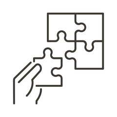 Hand with missing piece of a puzzle set. Vector thin line icon for concepts of problem solving, success, business, education