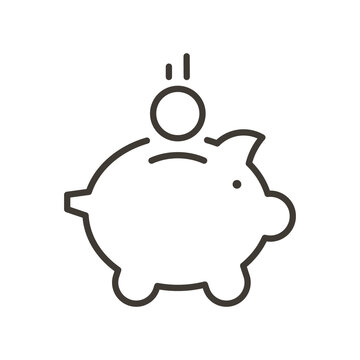 piggybank with coin falling. Vector thin line icon for saving money, wealth and financial concepts