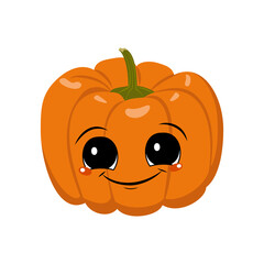 Cute pumpkin character with joy emotions, face, big eyes and wide happy smile. Festive decoration for Halloween. Mischievous vegetable hero