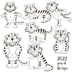 Set of tigers in hand draw style. Symbol of 2022. Collection Coloring illustrations