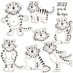 Set of tigers in hand draw style. Symbol of 2022. Collection Coloring illustrations