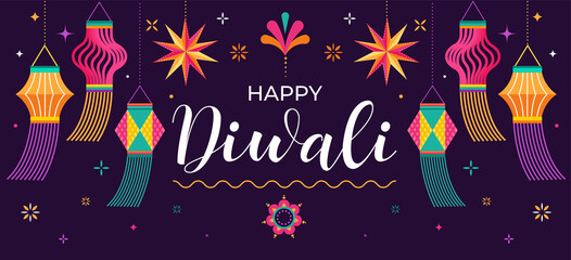 Happy Diwali Hindu festival banner, greeting card. Burning diya illustration, background for light festival of India