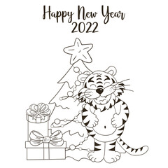 Symbol of 2022. New Year card in hand draw style. Coloring illustration for postcards, calendars