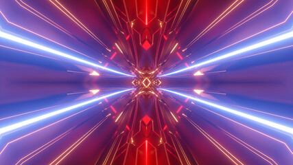 3d render. Sci-fi tunnel with neon lights. Abstract high-tech tunnel as background in the style of cyberpunk or high-tech future. Symmetrical structure of red yellow light streaks.