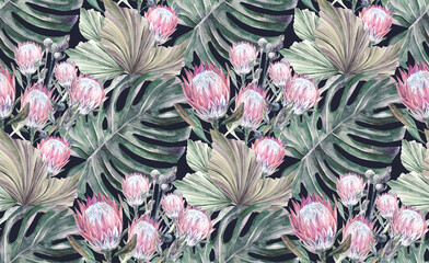 Seamless watercolor pattern with herbarium and dried protea flowers and monstera leaves on dark green for textile design textile surfaces