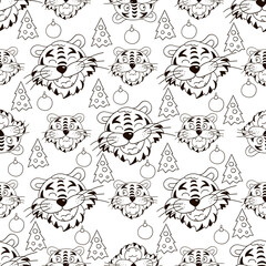 Coloring Seamless vector pattern with tigers faces. Pattern in hand draw style. New Year's holidays 2022