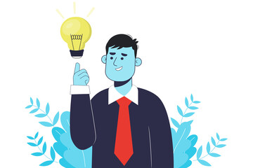 Man shows gesture of a great idea.  flat cartoon style,light bulb symbol above his head.Vector illustration.