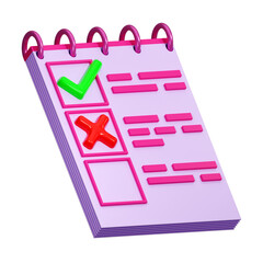 Notebook. Stylized three-dimensional paper icon with completed and failed tasks. 3d render of the object, isolate. Illustration for websites, the gaming industry, advertising or magazines.