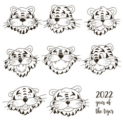 Obraz premium Set of tigers in hand draw style. Symbol of 2022. Collection Coloring illustrations