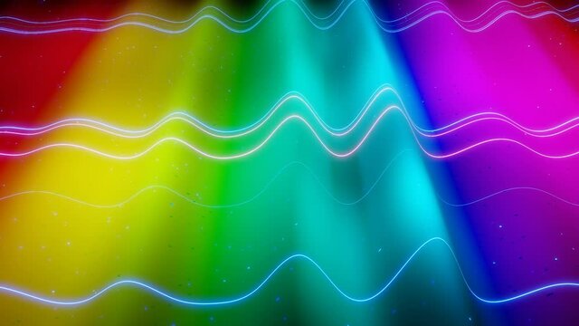 Abstract 3D surface with beautiful waves, luminous sparkles and bright color gradient, colors of rainbow. Waves run on very shiny, glossy surface with glow glitter and glow lines. 4k looped animation
