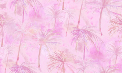 Pink watercolor seamless tropical pattern in discreet shades with coconut trees for textiles and surface design
