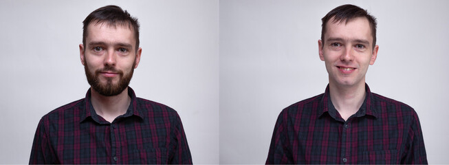 Handsome man after or before shaven. Collage of man portrait. Example of changing the face...