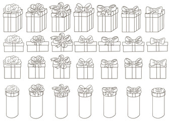 Set of gifts in hand draw style. Monochrome illustrations