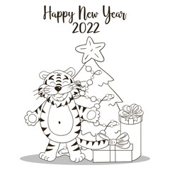 Symbol of 2022. New Year card in hand draw style. Coloring illustration for postcards, calendars