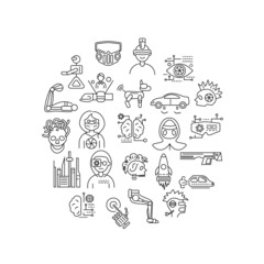 Cyberpunk concept circle layout with outline icons. Editable stroke. Isolated vector stock illustration