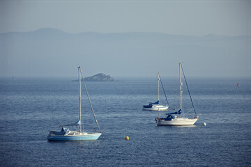 Forth view with yachts at anchor and a small island. The Firth of Forth, Scotland