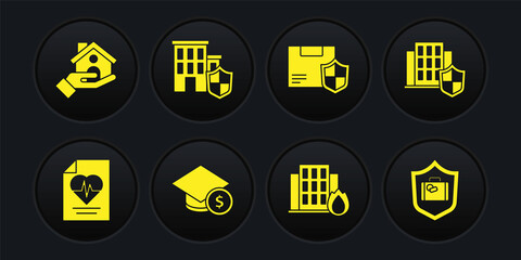 Set Health insurance, House with shield, Graduation cap and coin, Fire burning house, Delivery security, Travel suitcase and icon. Vector