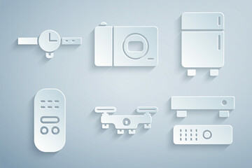 Set Drone flying, Refrigerator, Remote control, Multimedia and TV box, Photo camera and Wrist watch icon. Vector