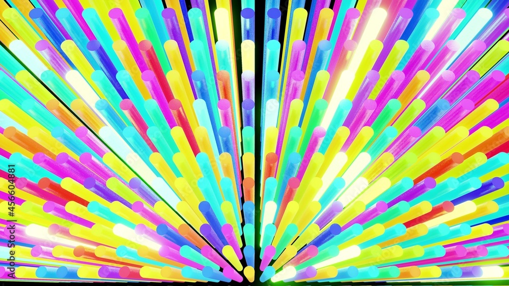 Poster 3d render. abstract festive bg with rows of cylinders on plane flashing neon multicolored light rand