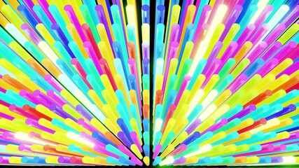 3d render. Abstract festive bg with rows of cylinders on plane flashing neon multicolored light randomly. Neon bulbs for show or events, exhibitions, festivals