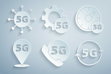 Set Phone with 5G network, Digital speed meter, Location, Setting and icon. Vector