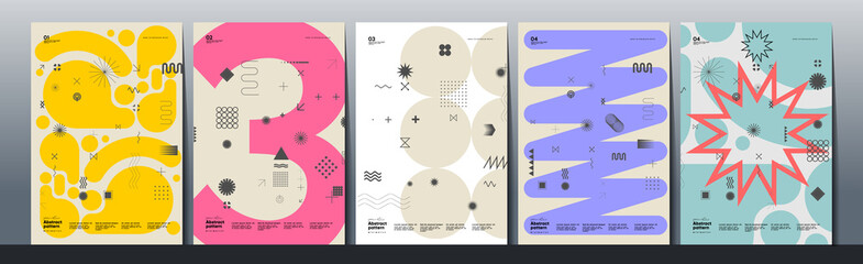 Abstract Paintings. Set of vector illustrations. Memphis and Bauhaus style designs. Geometric shapes, backgrounds, trendy patterns. Retro elements for web, sale banners, posters, flyer. © Molibdenis-Studio