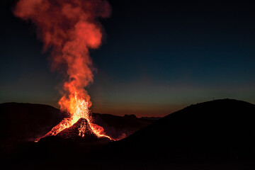 Fagradalsfjall volcanic eruption in the night before sunrise in Reykjanes peninsula around 40...