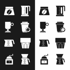 Set Coffee cup to go, Irish coffee, Bag beans, Electric kettle, pot, Glass with water, Pour over maker and Manual grinder icon. Vector