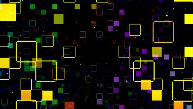 Motion graphic, camera fly in art space, multilayer structure with pattern, glow particles and lines. Ornamental texture rainbow gradient color. Motion design vj loop. Abstract colorful bg. Modern Art
