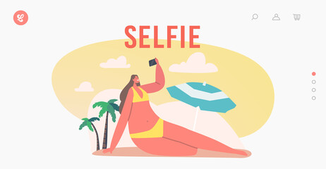 Young Woman Taking Selfie on Smartphone at Sea Beach Landing Page Template. Happy Female Character Shoot Vacation Relax